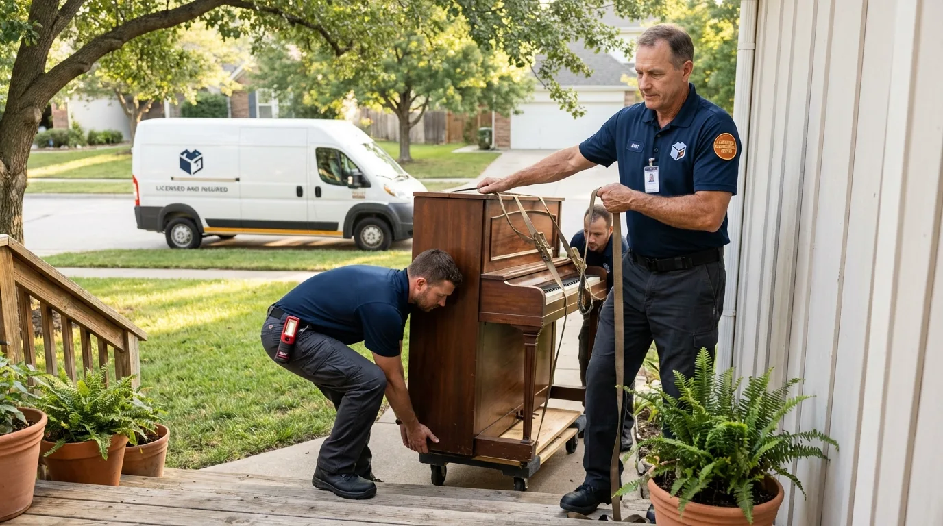 Licensed piano movers securing grand piano in Big Bear City, CA