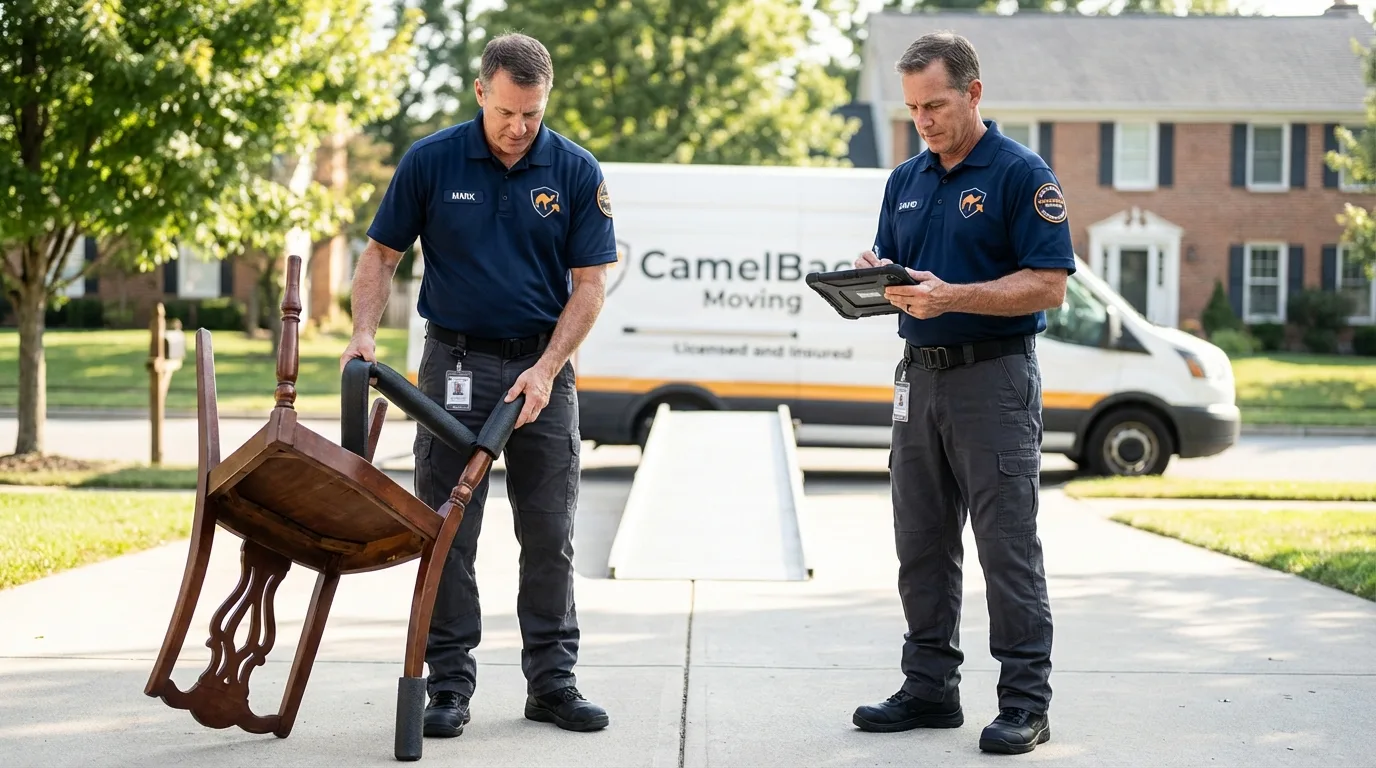 Movers inspecting furniture for damage prevention before loading in Big Bear City, CA